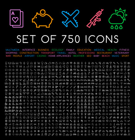 Set of 750 Minimal Universal Isolated Modern Elegant Thin Line Icons on Black Backgroundのイラスト素材