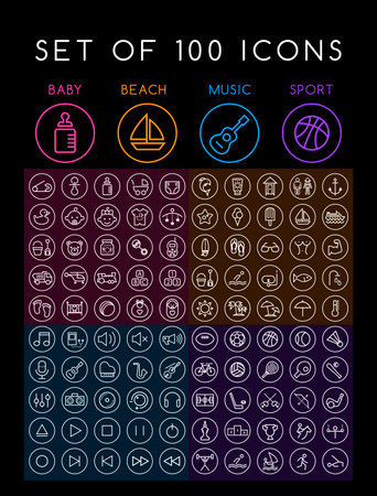 Set of 100 Minimal Universal Modern Elegant White Thin Line Icons on Circular Buttons (Baby Beach Music and Sport) on Black Backgroundのイラスト素材