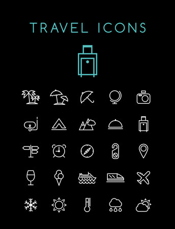 Set of Quality Universal Standard Minimal Simple White Thin Line Travel Icons on Black Backgroundのイラスト素材