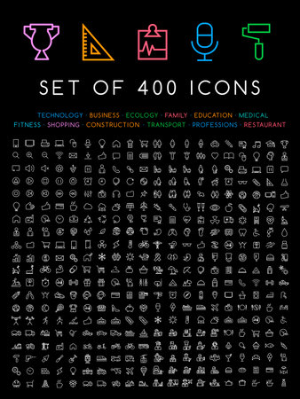 400 Universal Thin Line Black Icons on White Backgroundのイラスト素材