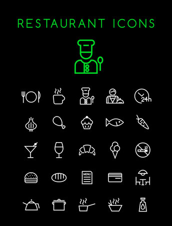 Set of Quality Universal Standard Minimal Simple White Thin Line Restaurant Icons on Black Backgroundのイラスト素材