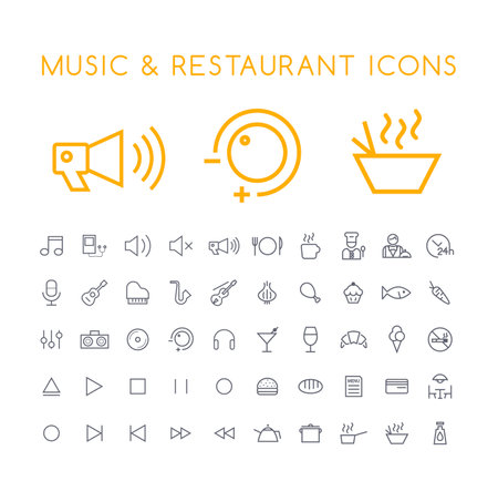 Set of 50 Minimal Thin Line Music and Restaurant Icons on White Background . Isolated Vector Elementsのイラスト素材