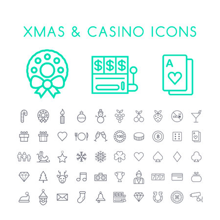 Set of 50 Minimal Thin Line Christmas and Casino Icons on White Background . Isolated Vector Elementsのイラスト素材