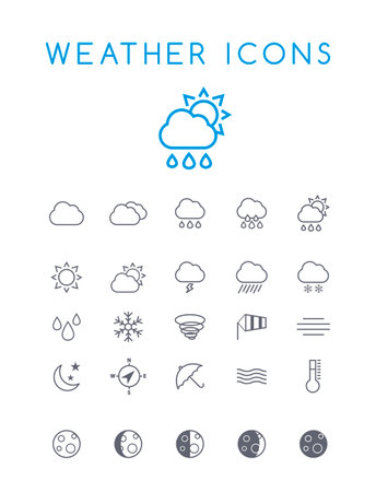 Set of Quality Isolated Universal Standard Minimal Simple Weather Black Thin Line Icons on White Backgroundのイラスト素材