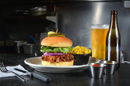 Beer beef brisket burger and cornの写真素材