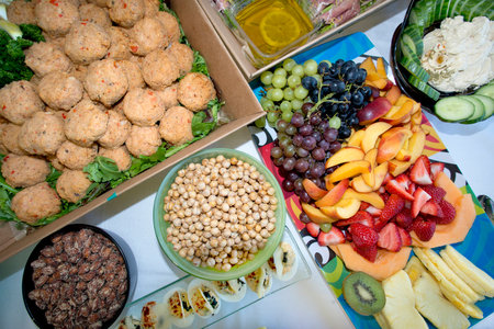 crabcake, nuts, fruit party trayの写真素材