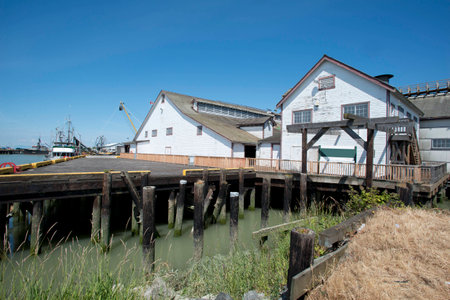 old cannery at pier at Steveston, Canadaの写真素材