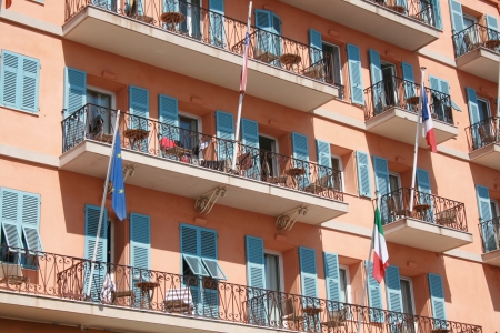 Hotel balconies overlooking Port of Villefranche, Franceのeditorial素材