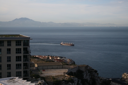 Looking south from Pillars of Hercules to African coast, Rock of Gibraltar, Gibraltarの写真素材