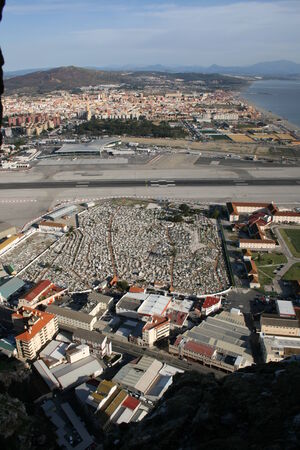View from Great Siege Tunnels across Gibraltar Airport to Spain, Rock of Gibraltar, Gibraltar のeditorial素材