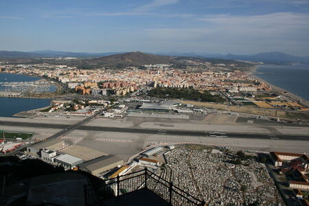View from Great Siege Tunnels across Gibraltar Airport to Spain, Rock of Gibraltar, Gibraltar のeditorial素材