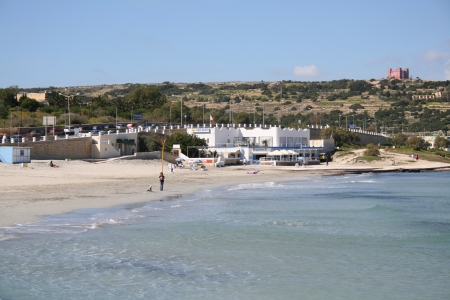 Mellieha Bay beach with Red Fort on horizon, Mellieha, Malta のeditorial素材