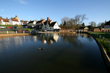 Houses and pond, Finchingfield, Essex, England