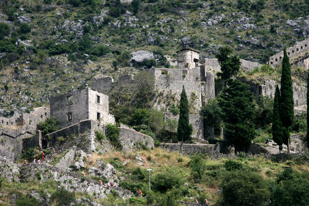 Town fortifications above town, Kotor, Montenegroの写真素材