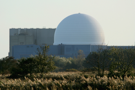 Sizewell nuclear power station backdrops landscape at RSPB Minsmere nature reserve, Saxmundham, Suffolk, Englandのeditorial素材