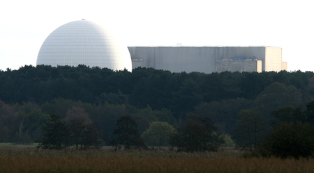 Sizewell nuclear power station backdrops the RSPB Minsmere nature reserve, Saxmundham, Suffolk, Englandのeditorial素材