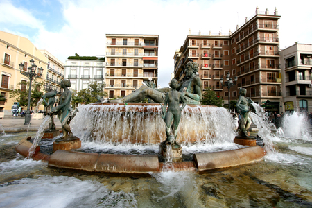 Plaza de la Virgen Square with Neptuno fountain in Valencia, Spainのeditorial素材