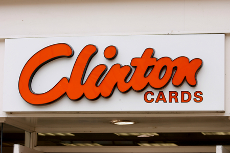 Clinton Cards shop sign in George Yard, Braintree, Essex, Englandのeditorial素材
