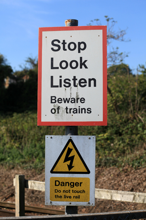 Warning sign at Brading Railway Station, Brading, Isle of Wightの写真素材