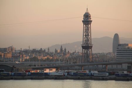 Sunrise over Barcelona from the Port of Barcelona, Spainのeditorial素材
