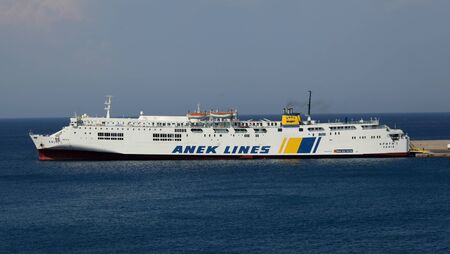 Anek Lines ferry moored in Port of Rhodes Town, Rhodes, Greeceのeditorial素材