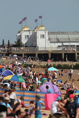 Clacton Pier entrance with beach foreground, Clacton, Essexのeditorial素材
