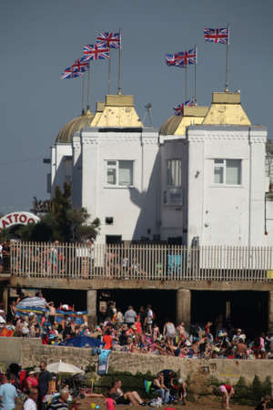 Clacton Pier entrance with beach foreground, Clacton, Essexのeditorial素材