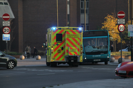 Emergency Ambulence makes its way through Victoria Gateway ,Southend on Sea, Essexのeditorial素材