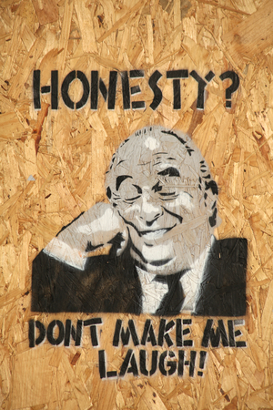 Sir Philip Green stenciled picture on boarded up BHS store, High Street, Southend on Sea, Essexのeditorial素材