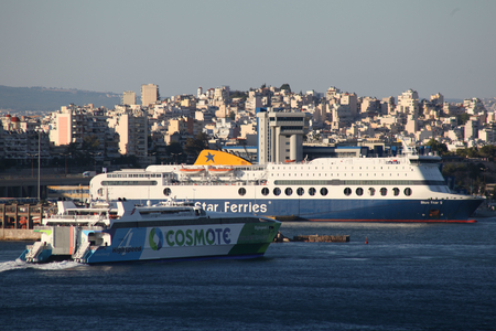Cosmote high speed ferry entering the Port of Piraeus, Greeceのeditorial素材