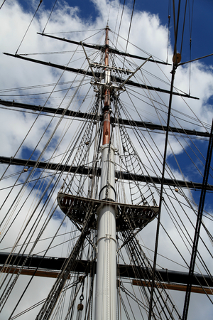 Greenwich, London - 12 July 2017, Rigging and masts of ship, Cutty Sark ship museum next to the...