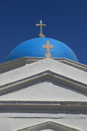 Blue domed, whitewashed chapel in Mykonos Town, Mykonos, Greeceの写真素材