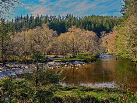Picnic spot in the public Hafod Estate Park by the River Ystwyth Ceredigion Wales, UK. A tranquil scene with bright spring sunshine with trees providing dappled shade with little cloud in a blue sky.の写真素材