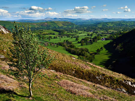 A panoramic view of the River Towi valley from Mynydd Mallaen with blue sky, green fields and trees,...