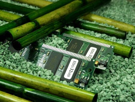 Ram modules on silicon and bamboo. Artisic concept of technologyの写真素材