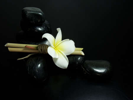 japanese zen composition whit white flower and black stonesの写真素材