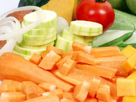 differents vegetables sliced and cutted for soupの写真素材