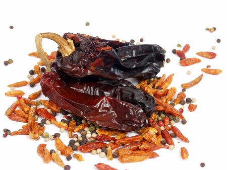 bell dry pepper and ground pepper on white backgroundの写真素材