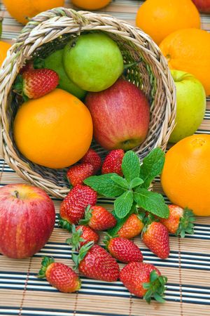 a wooden basket withfresh fruits and green mint leaves
