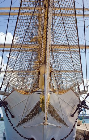 front view of a tall ship under blue skyの写真素材