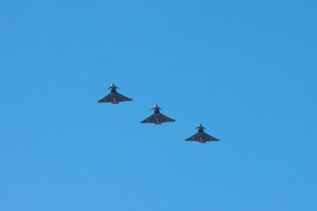 three european military aircraft eurofighter on air formationの写真素材