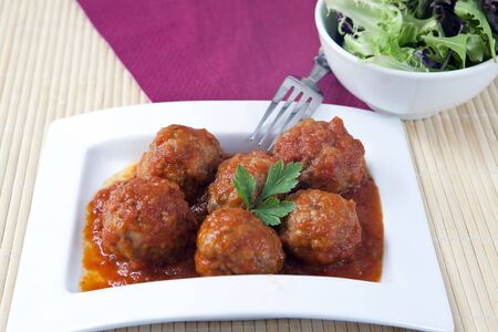 meat balls with tomato sauce and saladの写真素材