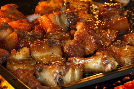 delicious honey pork ribs grilled on bbqの写真素材