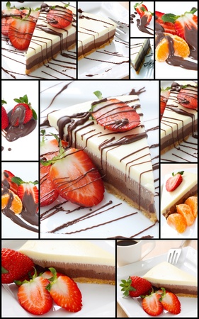 three types of chocolate cake with strawberries collageの写真素材