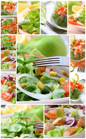 collage with assorted green salad on bowlの写真素材