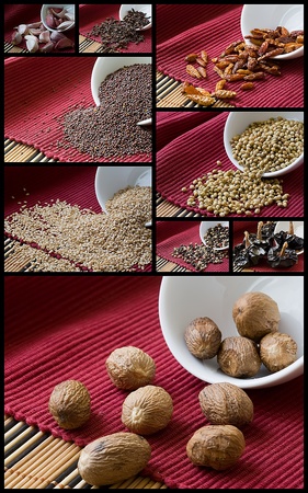 collage of assorted spices on red tableclothの写真素材