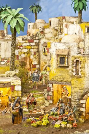 Nativity scene from figurine crib with focus on farmersのeditorial素材