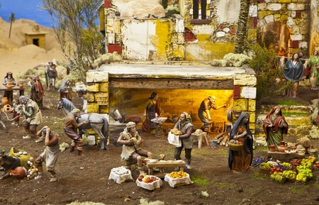 Nativity scene from figurine crib with focus on farmersのeditorial素材