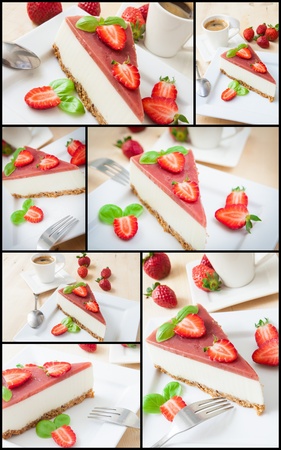 collage of cheesecake with fruits and mintの写真素材