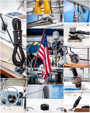 sailboats parts collage with flags  ropes sail rudesの写真素材